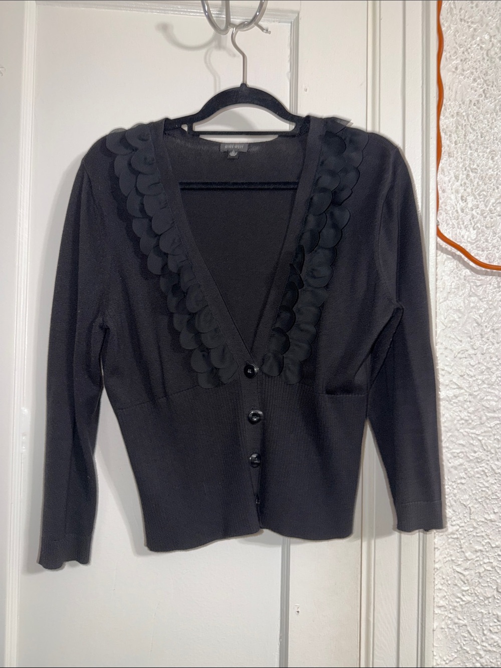 Nine West Black Scallop-Trim V-Neck Cardigan